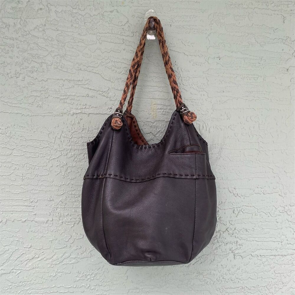 The Sak Indio Brown Leather Hobo Bag with Braided Handle Women's Casual